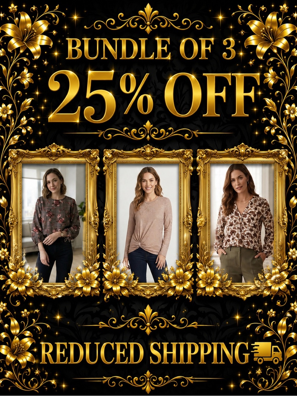 Bundle of 3, 25% OFF + FREE Shipping! - Women's Floral Tops, Medium